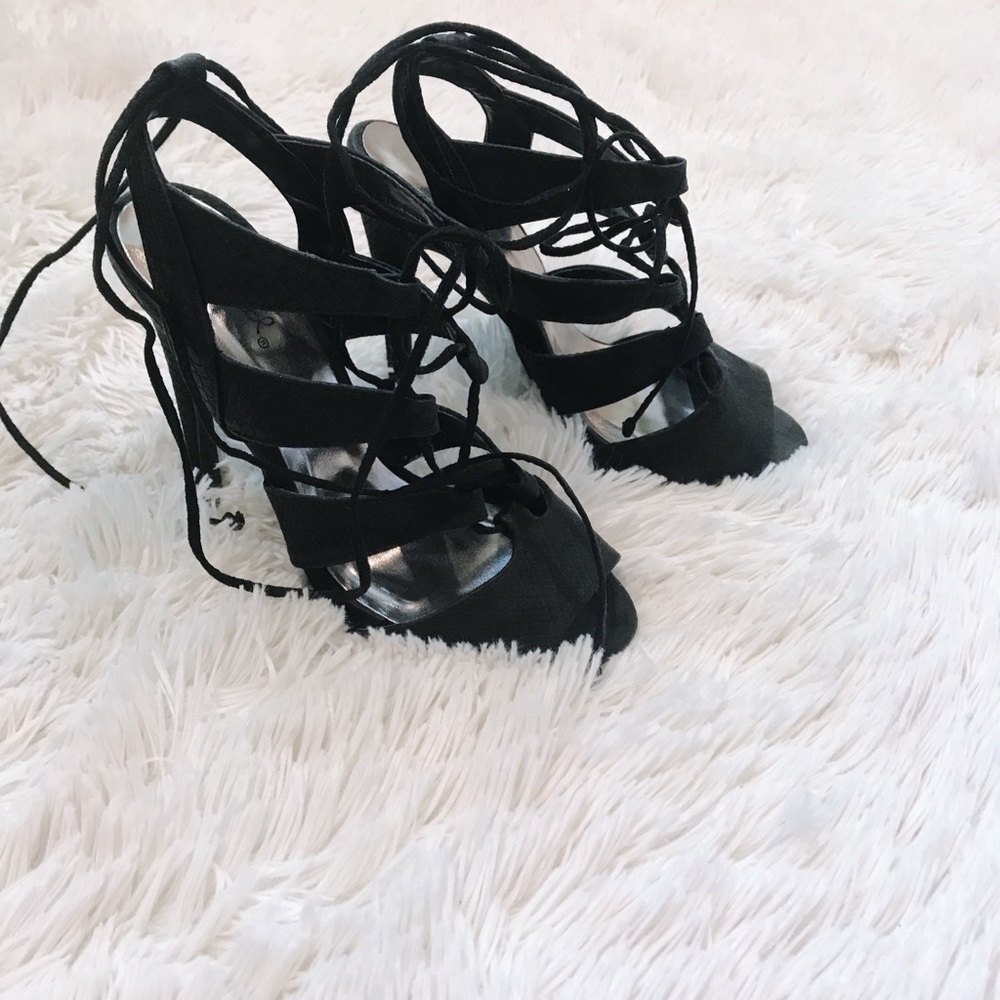 Black Lace up ankle strap heels